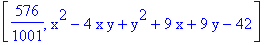 [576/1001, x^2-4*x*y+y^2+9*x+9*y-42]